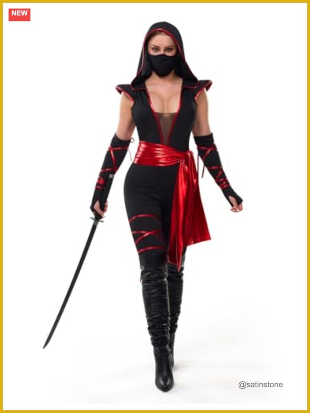 Women's Ninja Costume Hooded Romper Mask Halloween Cosplay